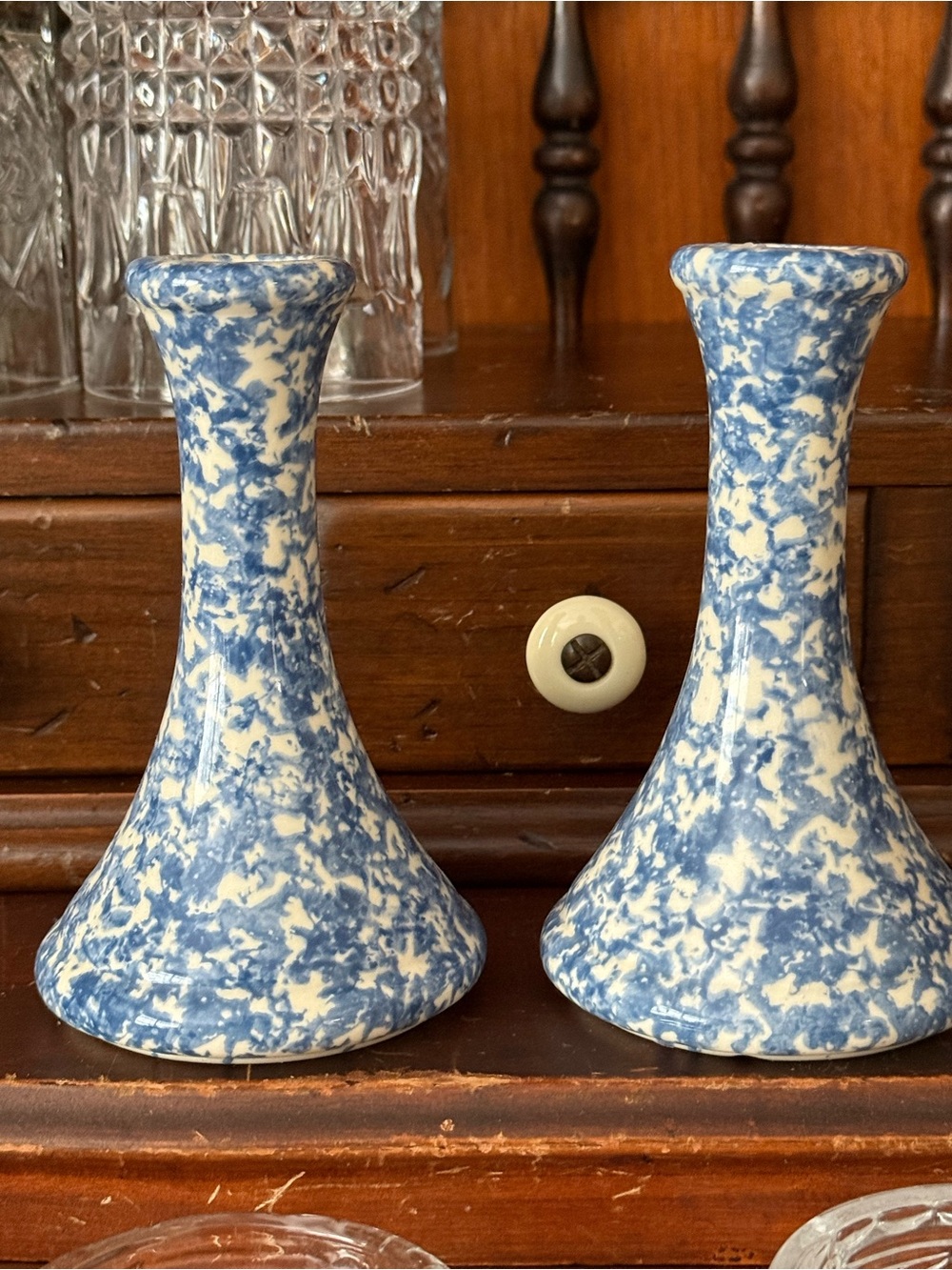 Blue and White Country Home Collection Speckled Ceramic Vases— Set of 2 - Picture 3 of 5